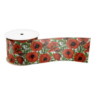 Red poppies and wrens, green leaves on white satin ribbon