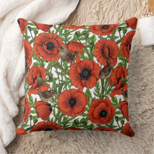 Red poppies and wrens, green leaves on white throw pillow
