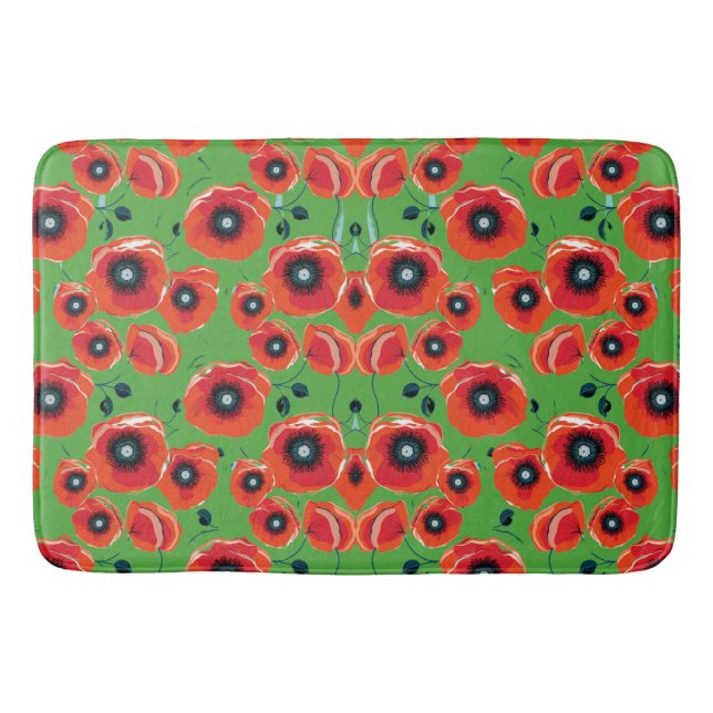 Red Poppies Apple Green Bath Mat (Front)