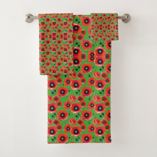 Red Poppies Apple Green Bath Towel Set