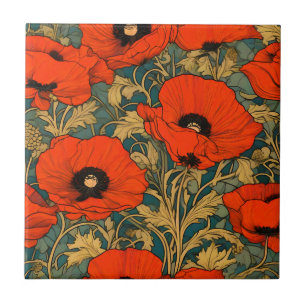 Red  Poppies Art Nouveau Pattern Tile