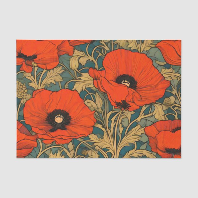 Red  Poppies Art Nouveau Pattern Tissue Paper (Front)