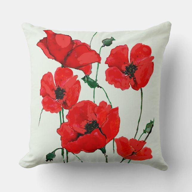 Red Poppies Art with Stems and Buds Throw Pillow (Front)