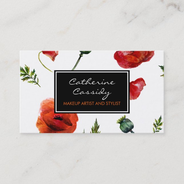 Red Poppies, Black and White Floral, Makeup Artist Business Card (Front)