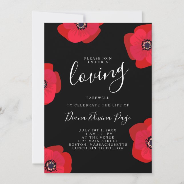 Red Poppies - Black Celebration of Life Memorial Invitation (Front)