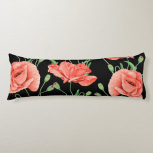 Red Poppies Black Stripes Chic Body Pillow