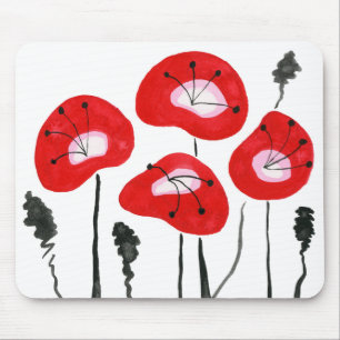 Red Poppies, Bright Midcentury Modern, Unique Mouse Pad