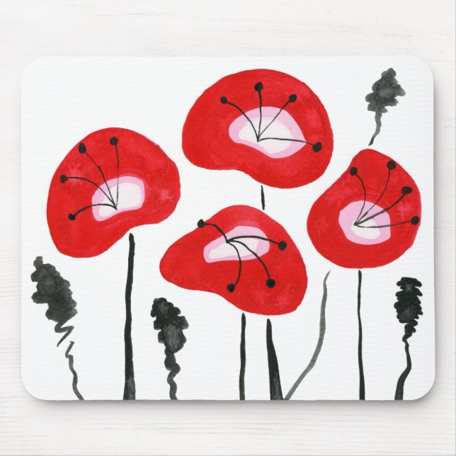 Red Poppies, Bright Midcentury Modern, Unique Mouse Pad (Front)