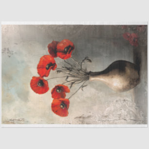 Red Poppies Bronze Vase Light grey Blue Patina Tissue Paper