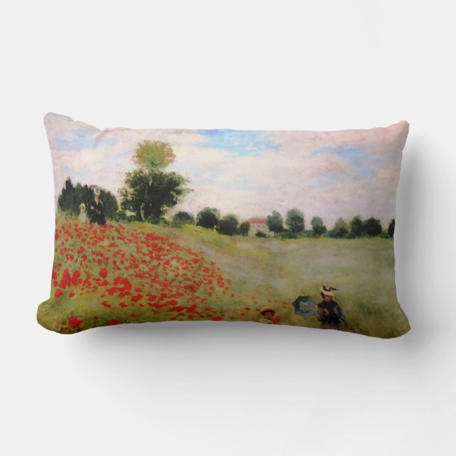 Red Poppies by Monet - Poppy Field Parasol Woman Lumbar Pillow (Front)