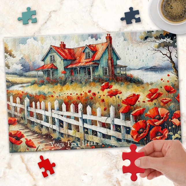 Red Poppies Campagne côté ferme Puzzle (Puzzle featuring a fine art painting of a country scene with farm house and red poppy flowers.)