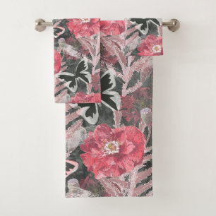 Red poppies.Colourful floral print. Bath Towel Set