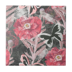 Red poppies.Colourful floral print. Tile