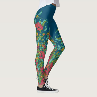Red Poppies Dark Blue, Vintage Botanical, Floral Leggings