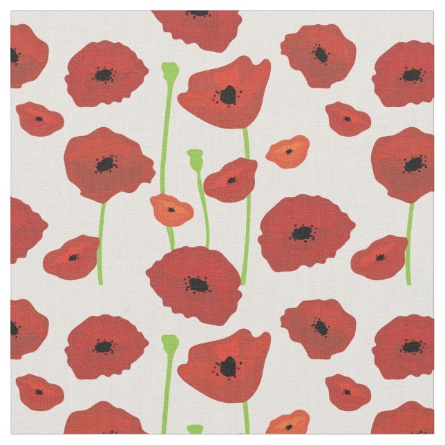 Red Poppies Fabric. Fabric (Close Up)