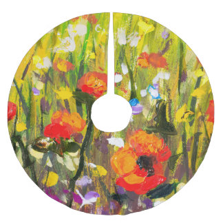Red Poppies Field Abstract Painting Brushed Polyester Tree Skirt