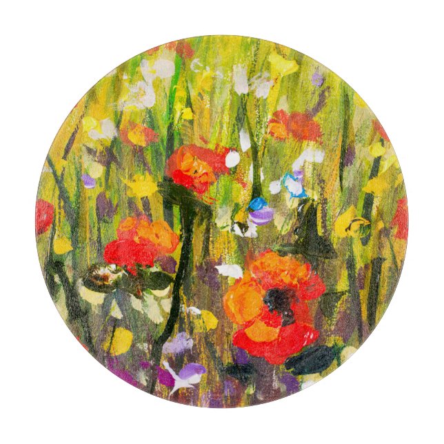 Red Poppies Field Abstract Painting Cutting Board (Front)