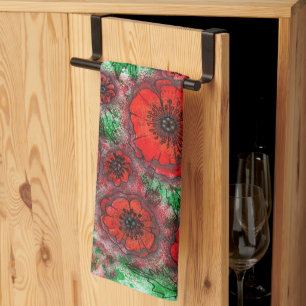 Red Poppies Field Watercolor Botanical Line Art Ki Kitchen Towel