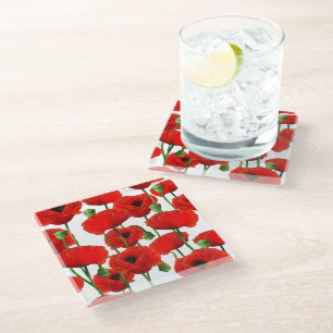 Red Poppies Floral Pattern Glass Coaster