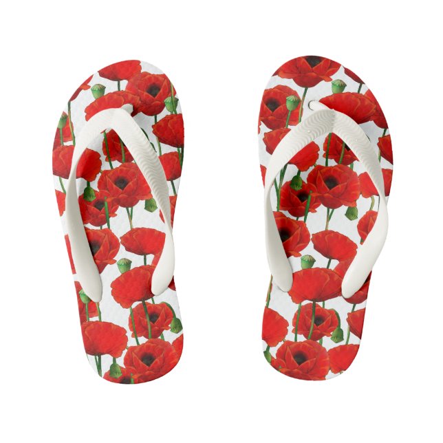 Red Poppies Floral Pattern Kid's Flip Flops (Footbed)