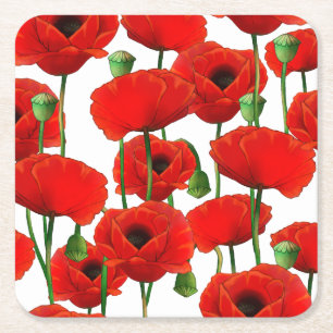 Red Poppies Floral Pattern Square Paper Coaster