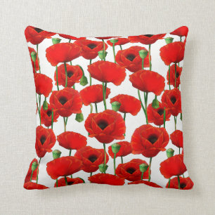 Red Poppies Floral Pattern Throw Pillow