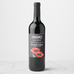 Red Poppies Floral Rustic Chalkboard Wedding Wine Label