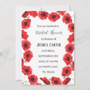 Red Poppies Floral Watercolor Boho Bridal Shower  Invitation