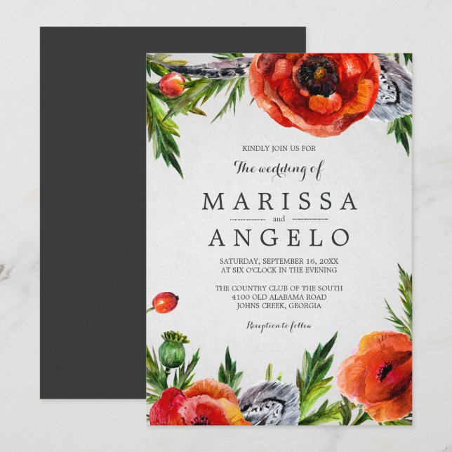 Red Poppies Floral Watercolor Wedding | Grey Back Invitation (Front/Back)