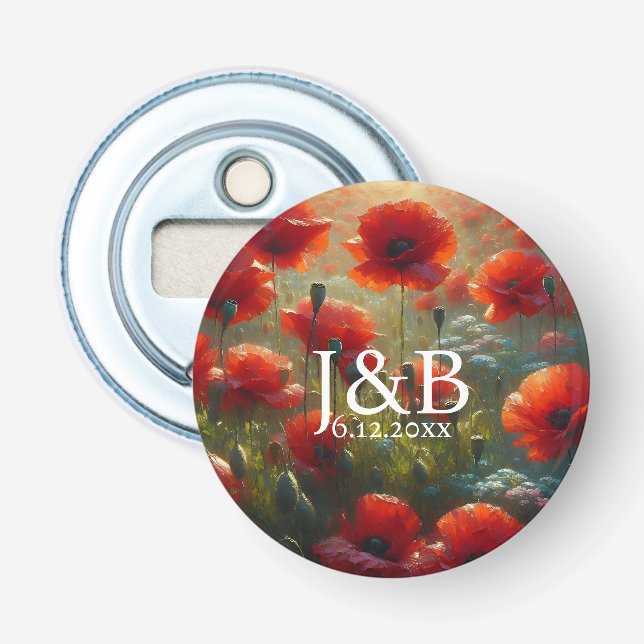 Red Poppies Floral Wedding Personalized Bottle Opener (Front)