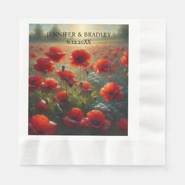 Red Poppies Floral Wedding Personalized Napkin (Front)