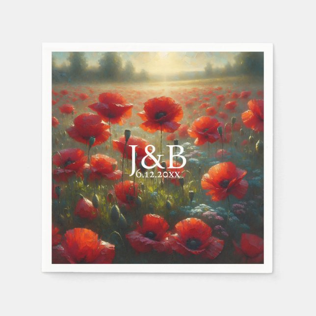 Red Poppies Floral Wedding Personalized Napkin (Front)