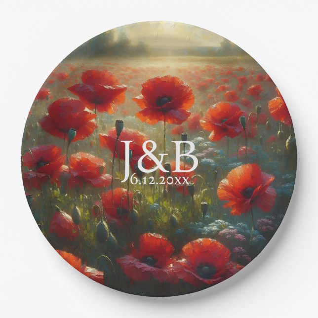 Red Poppies Floral Wedding Personalized Paper Plate (Front)
