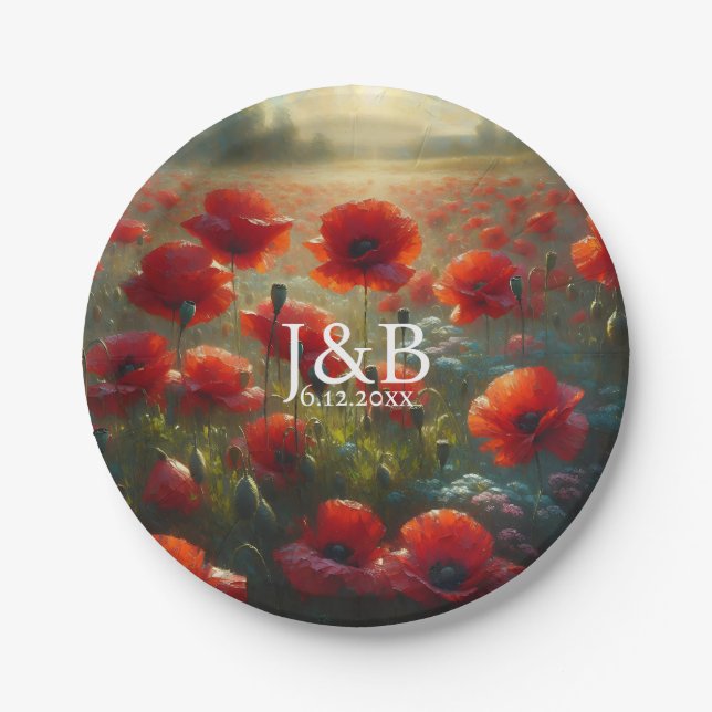 Red Poppies Floral Wedding Personalized Paper Plate (Front)