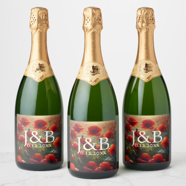 Red Poppies Floral Wedding Personalized Sparkling Wine Label (Bottles)