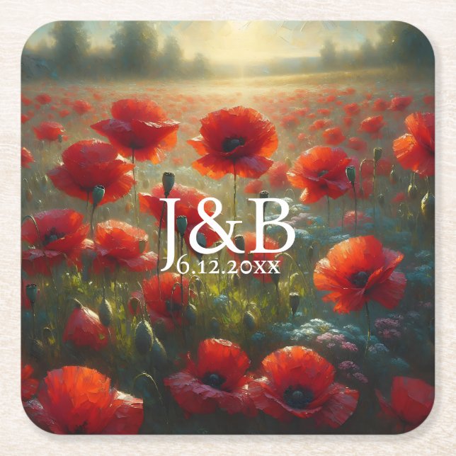 Red Poppies Floral Wedding Personalized Square Paper Coaster (Front)