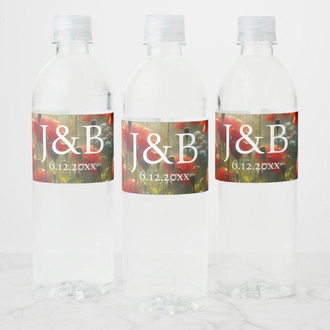 Red Poppies Floral Wedding Personalized Water Bottle Label (Bottles)