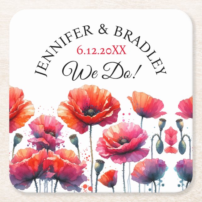Red Poppies Floral Wedding Square Paper Coaster (Front)
