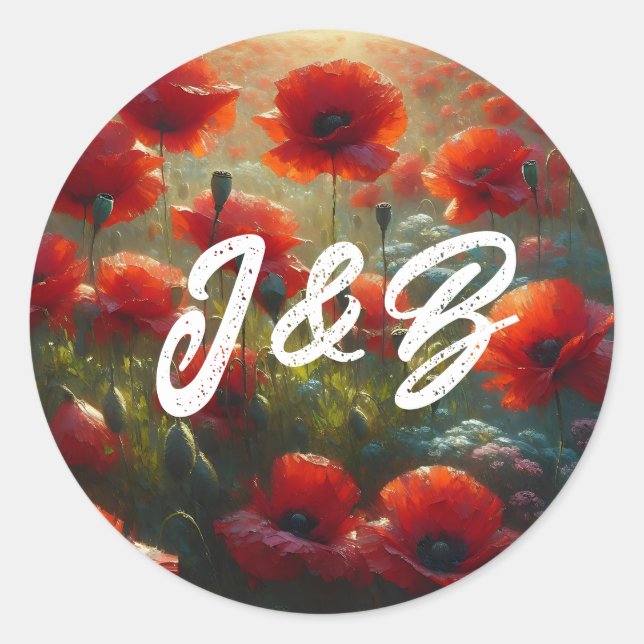 Red Poppies Floral Wedding Welcome Classic Round Sticker (Front)