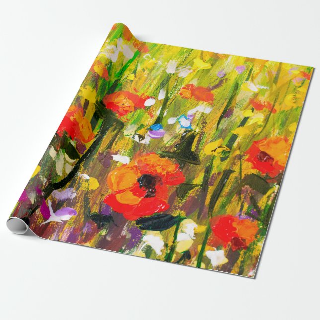 Red poppies flower field - Original handmade abstr Wrapping Paper (Unrolled)