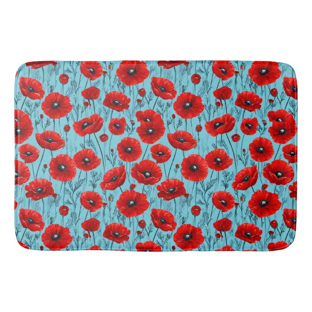 Red poppies flowers on a blue background bath mat (Front)