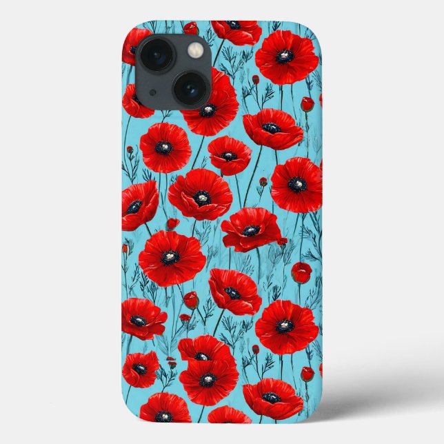 Red poppies flowers on a blue background Case-Mate iPhone case (Back)