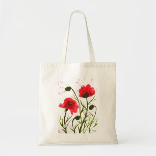 Red poppies flowers watercolor rustic nature poppy tote bag