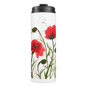 Red poppies flowers watercolor rustic nature thermal tumbler
