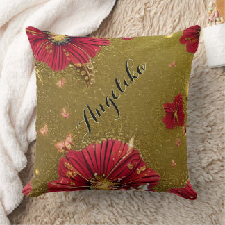 Red Poppies Gold Glitters Custom Name Throw Pillow