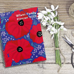 Red Poppies Hand-illustrated Floral Pattern Planner<br><div class="desc">Family planner book with red poppies design.  Bold,  floral illustration on front and back.  Red flowers,  with black centers,  on a blue background.  Customize printed,  white text in the upper right corner,  with family name,  year,  or any text.  The planner contains a sheet of fun stickers.</div>
