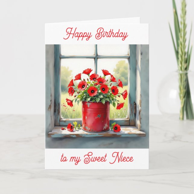 Red Poppies in a Coffee Tin Personalized Birthday  Card (Front)