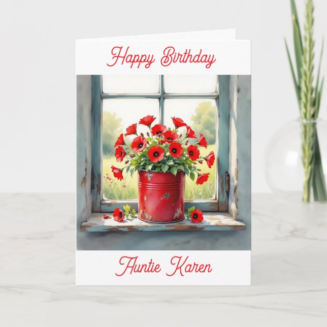 Red Poppies in a Coffee Tin Personalized Birthday  Card (Front)