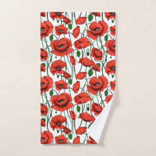 Red Poppies in a Field on White Bath Towel Set