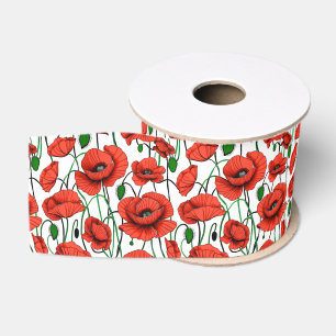 Red Poppies in a Field on White Grosgrain Ribbon